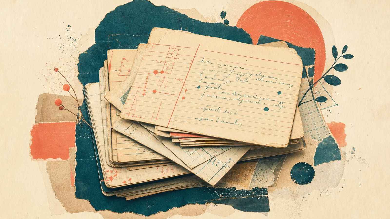 Stacked dated index cards showing maintenance notes in coral and teal ink