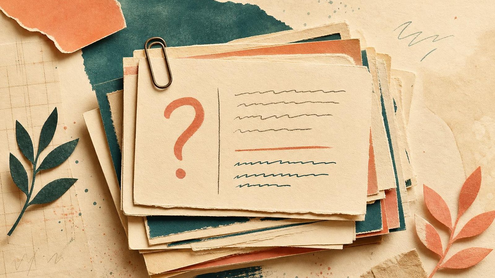 Stack of question cards on a paper desk, each with a brief handwritten answer