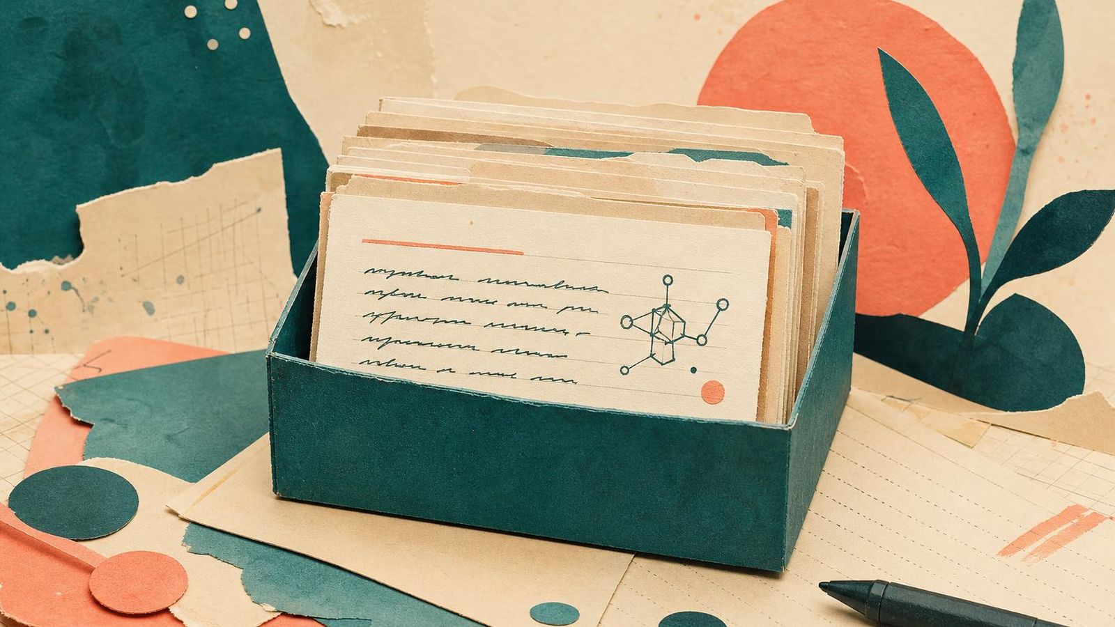 Index card box on a paper desk, each card labelled with a definition