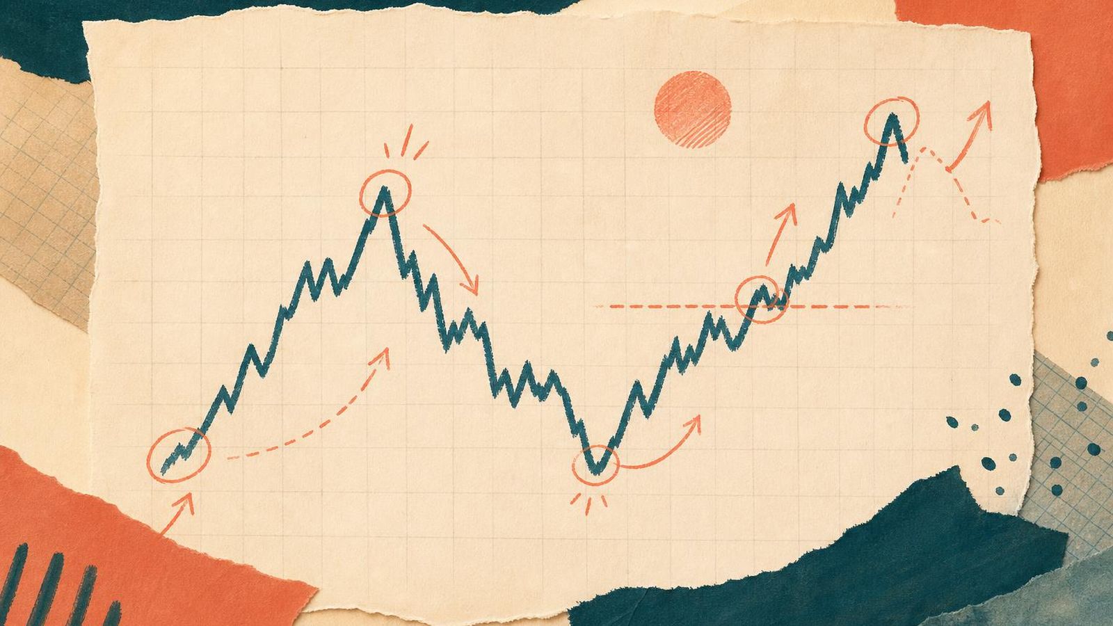 Hand-drawn price line on a paper grid with annotations in coral ink