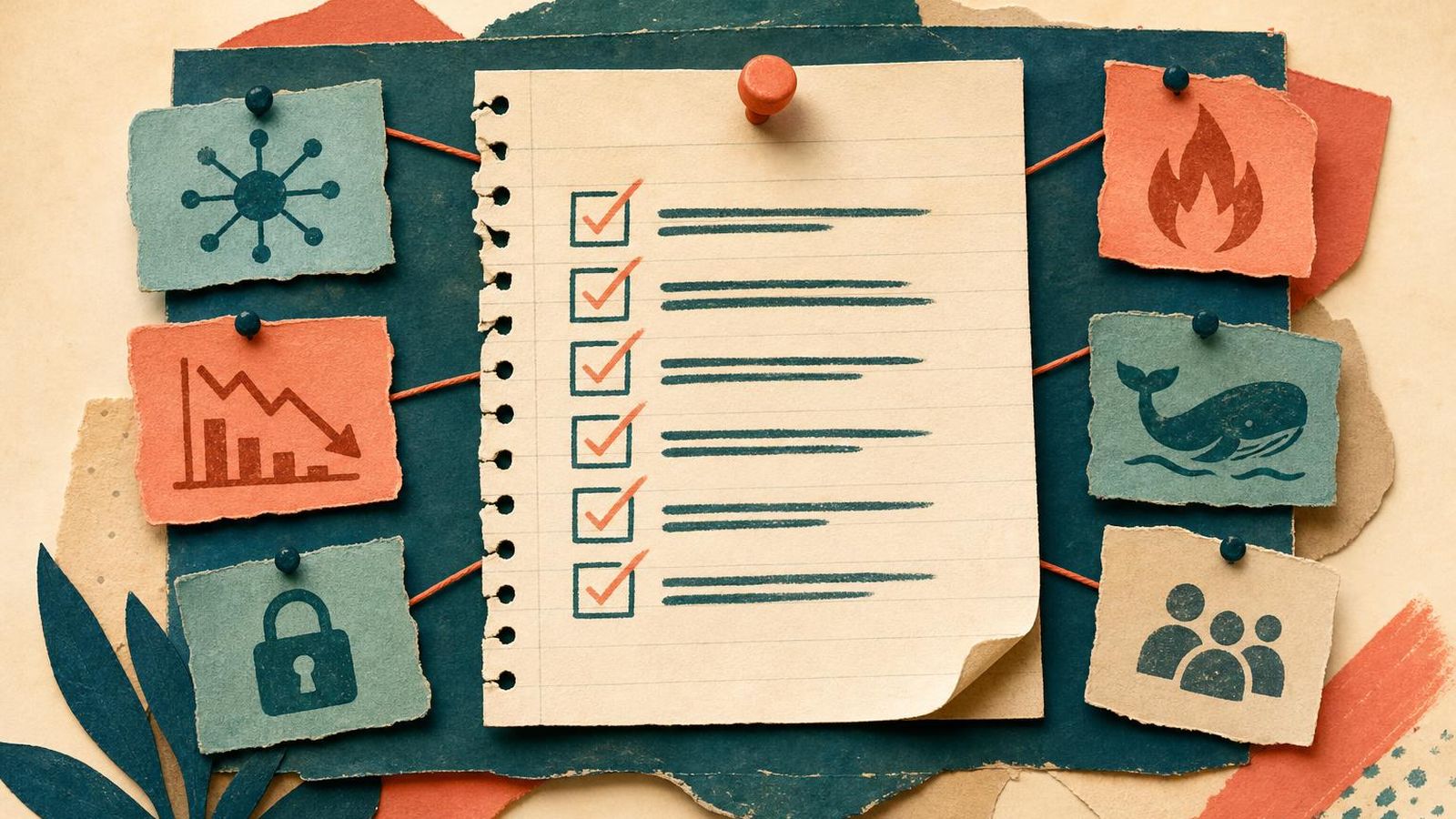 Pinned notebook page with a risk checklist in teal and coral ink