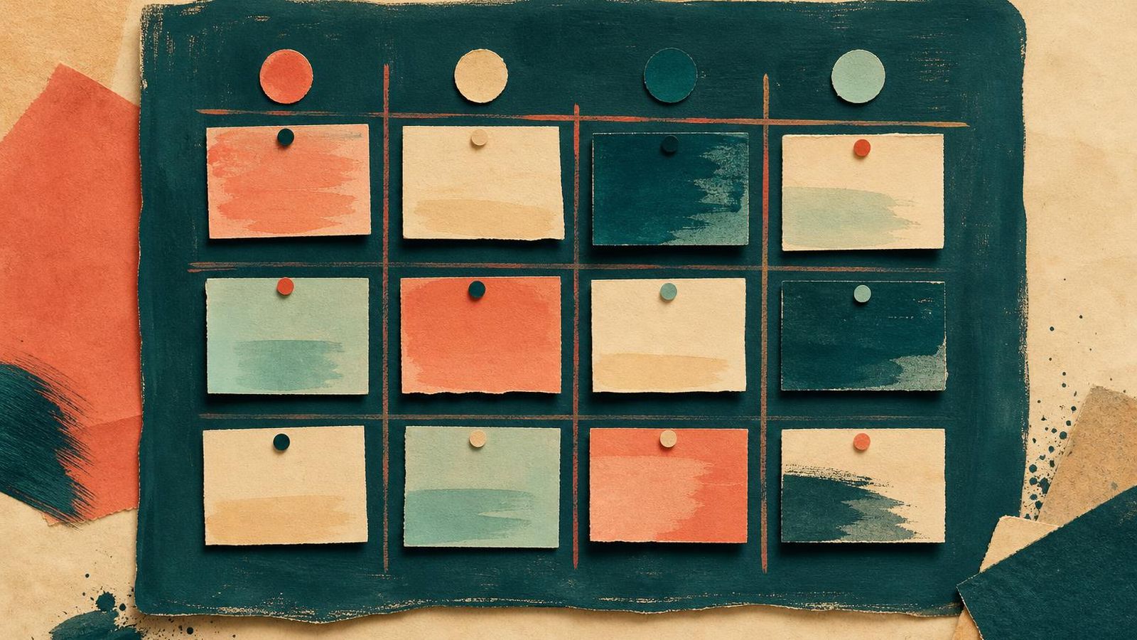 Hand-painted status board with index cards on a paper backdrop