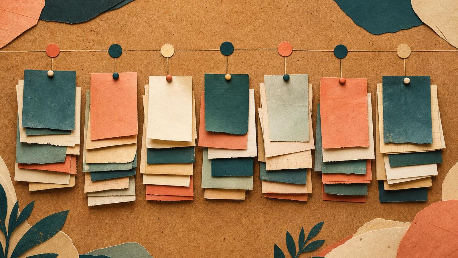 Stacked paper notes pinned to a wall, marked with month and year labels