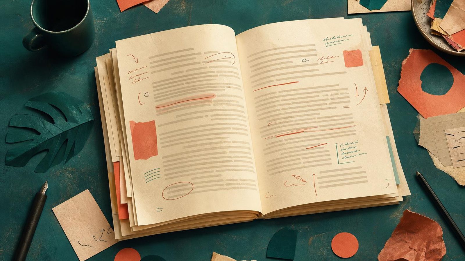 Open paper document with hand-marked margins on a teal desk