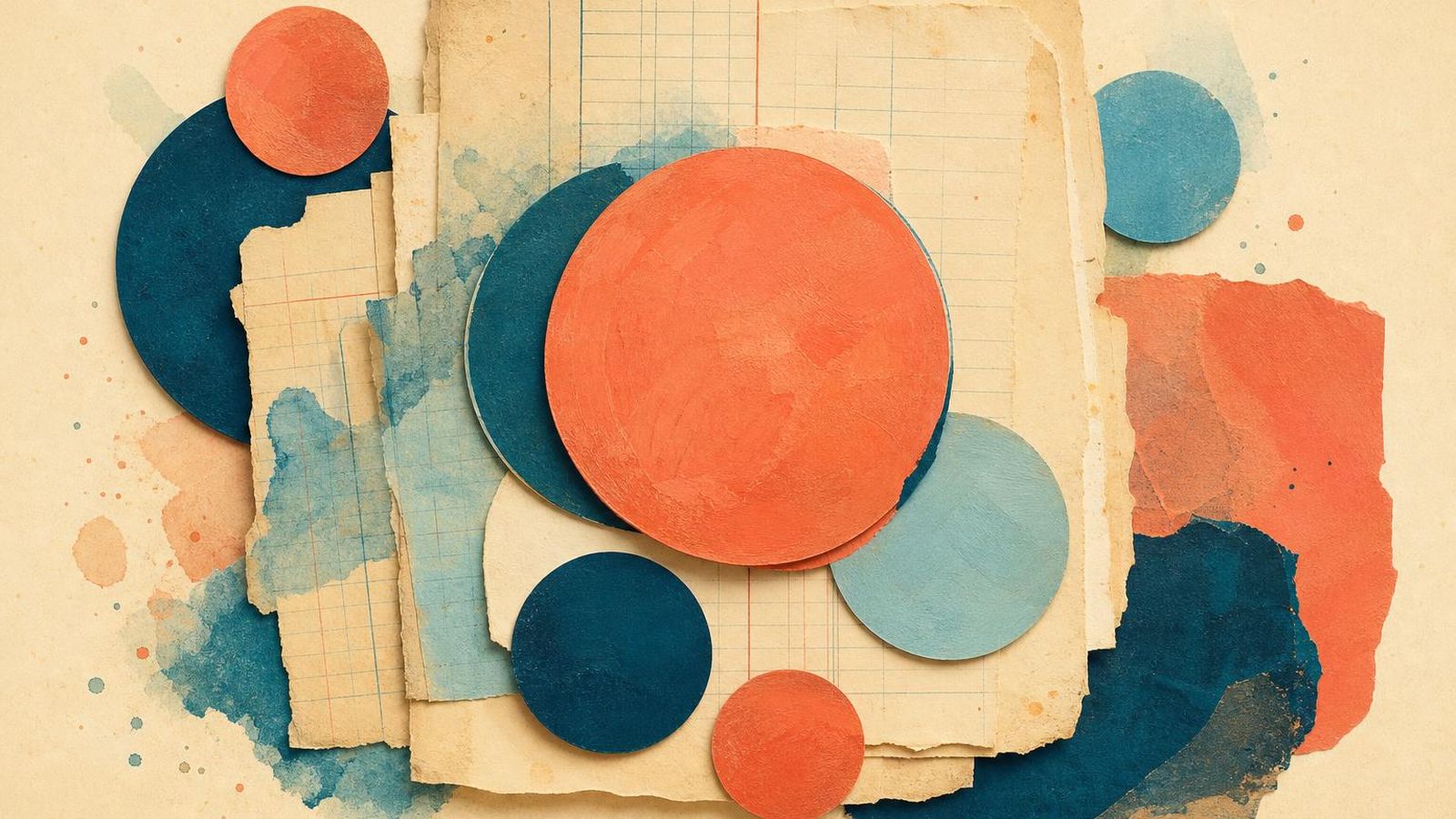 Painted ledger pages with stylised coin shapes layered in coral and azure